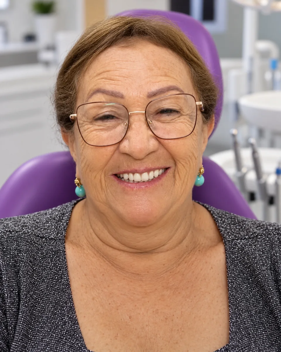 Cliente Odonto Guaratuba sorrindo, de óculos, sentada em cadeira clínica